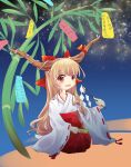  1girl bamboo blue_sky blush bow commentary_request fairy_cat fang gohei hair_bow hakama hakama_skirt highres horn_ornament horn_ribbon horns ibuki_suika japanese_clothes long_hair long_sleeves looking_at_viewer miko night night_sky orange_eyes orange_hair outdoors red_bow red_hakama red_ribbon ribbon sitting skirt sky solo star_(sky) starry_sky tanabata tanzaku touhou translation_request 