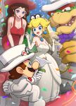  2boys 2girls :d absurdres bowser breasts bridal_veil cappy_(mario) dress elbow_gloves formal gloves gonzarez hat highres large_breasts mario mario_(series) multiple_boys multiple_girls one_knee pauline_(mario) red_dress red_headwear red_lips rocket_flower_(mario) smile strapless strapless_dress suit super_mario_odyssey tiara_(mario) top_hat veil wedding_dress white_dress white_gloves white_headwear white_suit 