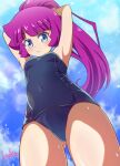  1girl armpits arms_up ass_visible_through_thighs blue_eyes blush closed_mouth cloud covered_navel from_below highres kirishima_romin laika_(pixiv) long_hair ponytail purple_hair school_swimsuit signature sky solo swimsuit thighs yu-gi-oh! yu-gi-oh!_sevens 