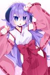  1girl :o arms_up blush bow breasts bright_pupils commentary_request detached_sleeves hair_between_eyes hakama hakama_skirt hanyuu highres higurashi_no_naku_koro_ni hip_vent horns japanese_clothes long_hair looking_at_viewer medium_breasts momotarekawa open_mouth pink_background pink_sleeves purple_eyes purple_hair red_bow red_hakama red_ribbon red_skirt ribbon ribbon-trimmed_sleeves ribbon_trim screentones signature skirt sleeves_past_wrists solo very_long_hair white_pupils wide_sleeves 