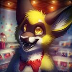  1:1 anthro black_ears black_nose black_tongue blurred_background bust_portrait candy candy_shop cheek_tuft chest_tuft dessert facial_tuft fangs food front_view fur glistening glistening_eyes head_tuft inner_ear_fluff inside looking_up male mylafox open_mouth open_smile portrait smile solo species_request text tongue tuft url white_body white_fur white_inner_ear_fluff yellow_body yellow_eyes yellow_fur 