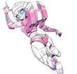  1girl arcee ass autobot back blue_eyes breasts commentary_request eyelashes high_heels leg_up looking_back mecha mecha_musume medium_breasts midriff no_humans panties pink_panties robot smile sunafuki_tabito thighs transformers underwear white_background 