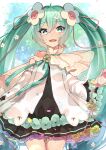  1girl absurdres bangs flower green_eyes green_hair green_ribbon hair_between_eyes hair_flower hair_ornament hatsune_miku highres kusunokimizuha magical_mirai_(vocaloid) magical_mirai_miku magical_mirai_miku_(2021) ribbon solo twintails vocaloid white_flower 