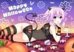  1girl :p absurdres alternate_costume ass bare_shoulders bat_background black_panties blush breasts checkered_floor commentary crop_top d-pad d-pad_hair_ornament demon_horns demon_tail english_commentary food from_behind from_side hair_ornament halloween_costume hand_up happy_halloween highres hip_focus horns lewdkuma looking_at_viewer looking_back lying medium_hair neptune_(neptune_series) neptune_(series) o-ring o-ring_bottom o-ring_panties on_side on_stomach panties pudding pumpkin purple_eyes purple_hair see-through shirt signature skindentation sleeveless sleeveless_shirt small_breasts solo striped striped_thighhighs tail thighhighs thighs tongue tongue_out underwear 