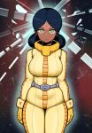  1girl arms_at_sides bangs belt bingbingzi blue_hair breasts dark-skinned_female dark_skin double_bun expressionless facial_mark forehead_mark gloves green_eyes grey_belt gundam hair_bun highres lalah_sune looking_at_viewer medium_breasts medium_hair mobile_suit_gundam no_pupils parted_bangs pilot_suit solo space straight-on yellow_gloves 