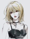  1girl amane_misa bangs bare_shoulders blonde_hair choker cross death_note earrings evl_1230 grin jewelry korean_commentary looking_to_the_side medium_hair necklace parted_lips red_eyes smile solo upper_body white_background 
