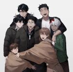  1girl 6+boys ^_^ arm_around_shoulder black_coat black_hair blood blood_in_hair blood_on_clothes brown_hair closed_eyes coat collared_shirt expressionless glasses grin hair_between_eyes han_myungoh highres hug huh_1222 jacket kim_dokja kim_namwoon lee_gilyoung lee_hyunsung long_hair male_child multiple_boys necktie omniscient_reader&#039;s_viewpoint one_eye_closed open_clothes open_jacket open_mouth school_uniform shirt short_hair smile v white_background white_hair white_necktie white_shirt yoo_joonghyuk yoo_sangah 