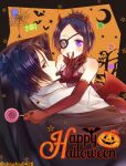  1boy 1girl bat_(animal) blue_hair candy chrome_dokuro dress eyepatch food gloves halloween halloween_costume happy_halloween highres hihibi jack-o&#039;-lantern katekyo_hitman_reborn! looking_at_viewer pumpkin purple_eyes purple_hair red_eyes rokudou_mukuro short_hair silk spider_web 