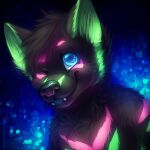  1:1 abstract_background anthro black_body black_fur black_hair black_nose blue_eyes bust_portrait canid fangs front_view fur glowing glowing_body glowing_fur green_body green_fur hair looking_at_viewer male mammal mylafox nude one_eye_closed pink_body pink_fur portrait smile solo text url 