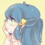  1girl blue_eyes blue_hair bracelet closed_mouth crying crying_with_eyes_open dawn_(pokemon) hair_ornament half_updo hands_up jewelry katiko no_headwear pokemon pokemon_(game) pokemon_dppt simple_background smile solo tears upper_body yellow_background 