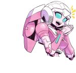  1girl arcee autobot blue_eyes breasts commentary_request eyelashes happy insignia mecha mecha_musume medium_breasts midriff no_humans open_mouth robot smile sunafuki_tabito teeth tongue transformers white_background 