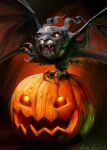  angry bandai_namco bared_teeth bat_wings cat_like claws demidevimon digimon digimon_(species) duo fangs feral halloween hi_res holidays jack-o&#039;-lantern lindseywakefield male membrane_(anatomy) membranous_wings pumpkinmon wings yellow_eyes 