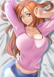  1girl bleach blue_eyes blue_pants blush breasts brown_hair castell cleavage collarbone highres inoue_orihime large_breasts long_hair looking_at_viewer lying navel on_back open_mouth pants pink_sweater shiny shiny_hair signature smile solo sweater 