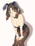  1girl animal_ears asano_fuka black_bow black_bowtie black_hair black_leotard bow bowtie breasts brown_eyes brown_pantyhose cleavage cowboy_shot detached_collar etsutsuni glasses hands_on_own_knees highres idolmaster idolmaster_cinderella_girls leaning_forward leotard looking_at_viewer medium_breasts pantyhose playboy_bunny rabbit_ears short_hair simple_background solo standing thighband_pantyhose twintails white_background wrist_cuffs 