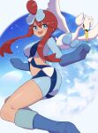  1girl :d absurdres blue_eyes blue_footwear blue_gloves blue_jacket blue_shorts boots breasts clenched_hands cloud cropped_jacket floating gloves hair_ornament highres jacket looking_at_another midriff nuneno one_side_up open_mouth pilot pokemon pokemon_(creature) pokemon_(game) pokemon_bw red_hair short_hair_with_long_locks short_shorts shorts sidelocks sky skyla_(pokemon) smile swanna teeth thigh_pouch tongue turtleneck 