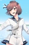  1girl anchor_symbol blue_sailor_collar blue_sky brown_eyes brown_hair collarbone cowboy_shot day dress grey_neckerchief grey_necktie hair_between_eyes highres kantai_collection looking_at_viewer neckerchief necktie ocean open_mouth saga_(saga_kancolle) sailor_collar sailor_dress short_hair sky smile solo speaking_tube_headset water white_dress yukikaze_(kancolle) yukikaze_kai_ni_(kancolle) 