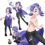  1girl absurdres blue_hair breasts cephalopod_eyes chest_sarashi earrings folding_fan hair_over_one_eye hand_fan highres jewelry mick19988 midriff multiple_earrings navel octarian open_mouth pants pointy_ears red_eyes sarashi see-through shiver_(splatoon) small_breasts smile splatoon_(series) splatoon_3 squatting tentacle_hair tongue tongue_out torn_clothes torn_pants 