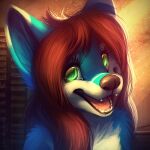  1:1 anthro blue_body blue_fur blue_inner_ear_fluff bust_portrait canid chest_tuft eyelashes fangs female fur glistening glistening_eyes green_eyes hair happy inner_ear_fluff looking_at_viewer mammal mylafox nude open_mouth open_smile pink_tongue portrait red_hair shoulder_tuft smile solo text tongue tuft url white_body white_fur 