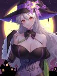  1girl bangs bare_shoulders black_dress breasts bridal_gauntlets cleavage corrin_(fire_emblem) corrin_(fire_emblem)_(female) crescent crescent_hat_ornament dress earrings fire_emblem fire_emblem_fates fire_emblem_heroes full_moon green_sash halloween halloween_costume hat hat_ornament head_tilt highres jewelry lantern long_hair looking_at_viewer medium_breasts moon official_alternate_costume pointy_ears purple_ribbon red_eyes ribbon sash solo star_(symbol) star_hat_ornament thighs tomo_shirasu white_hair witch witch_hat 
