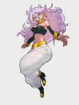  1girl :d android_21 blue_eyes bracelet choker dragon_ball dragon_ball_fighterz earrings full_body grey_background hair_between_eyes hoop_earrings jewelry kemachiku long_hair looking_at_viewer majin_android_21 midriff navel open_mouth pants pink_hair simple_background smile solo white_pants yellow_choker 