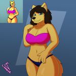  anthro artificial_intelligence big_breasts bikini breasts canid canine canis cleavage clothed clothing domestic_dog female hi_res huge_breasts lonnyk mammal solo strapless_clothing swimwear wide_hips 
