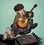  1boy afro artist_name black_hair blue_background chair character_name cushion electric_guitar facial_hair franky_franklin glasses green_jacket guitar highres instrument jacket lhonert long_sleeves male_focus music necktie pants playing_instrument red-framed_eyewear red_necktie shoes sitting smirk socks solo spy_x_family striped striped_socks stubble 