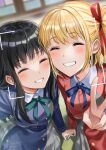  2girls black_hair blonde_hair blue_ribbon blue_shirt blush camera camera_lens closed_eyes friends green_ribbon highres holding holding_camera holding_hands inoue_takina long_hair lycoris_recoil multiple_girls nishikigi_chisato niwata0 red_ribbon red_uniform ribbon school_uniform shirt short_hair skirt smile v 