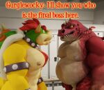  2021 3d_(artwork) albalbalb anthro belly body_hair bowser chest_hair digital_media_(artwork) dragon duo english_text eye_contact giana_sisters gurglewocky_(giana_sisters) horn jewelry koopa locker locker_bench locker_room looking_at_another male male/male mario_bros musclegut muscular muscular_anthro muscular_male necklace nintendo nipples nude pecs scalie shell text video_games wings 