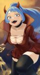  1girl absurdres black_choker black_thighhighs blue_eyes blue_hair boku_no_hero_academia breasts choker cleavage collarbone costume demon_costume demon_horns demon_tail dress fangs fengling_(furin-jp) hadou_nejire highres horns large_breasts long_hair looking_at_viewer open_mouth ponytail red_dress short_dress sky solo spiral_power tail thighhighs thighs 
