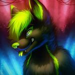  1:1 abstract_background anthro black_body black_fur bust_portrait canid cheek_tuft chest_tuft facial_tuft forked_tongue fur glistening glistening_eyes green_body green_eyes green_fur green_hair green_nose green_tongue hair looking_at_viewer male mammal mylafox neck_tuft nude portrait solo text tongue tongue_out tuft url 