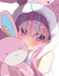  1girl blush holding holding_stuffed_toy hololive hood hoodie long_hair looking_at_viewer minato_aqua pink_hoodie purple_eyes purple_hair saki_(saki_paint) stuffed_animal stuffed_bunny stuffed_toy virtual_youtuber 