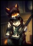  2017 anthro black_bottomwear black_clothing black_hair black_nose black_pants bottomwear canid cheek_tuft clothed clothing dated facial_tuft front_view fur glistening glistening_eyes guitar hair holding_guitar inside jewelry male mammal musical_instrument mylafox necklace orange_body orange_eyes orange_fur pants playing_guitar playing_music plucked_string_instrument portrait signature smile solo standing string_instrument three-quarter_portrait topwear tuft white_body white_clothing white_fur white_topwear 