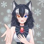  1girl animal_ears black_hair blue_eyes blush breasts brooch fang grey_wolf_(kemono_friends) heart heart-shaped_pupils heterochromia highres jewelry kemono_friends kemono_friends_3 looking_at_viewer medium_breasts multicolored_hair nijiiro_(graynbow_wolf) open_mouth orange_eyes ring snow snowflakes solo symbol-shaped_pupils two-tone_hair upper_body white_hair wolf_ears wolf_girl 