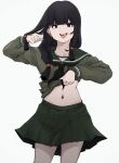  1girl absurdres bangs black_hair blunt_bangs braid clothes_lift cowboy_shot daigaku_jitome green_sailor_collar green_serafuku green_shirt green_skirt hair_over_shoulder hair_ribbon highres kantai_collection kitakami_(kancolle) long_hair looking_at_viewer navel navel_piercing piercing pleated_skirt ribbon sailor_collar school_uniform serafuku shirt shirt_lift sidelocks single_braid skirt solo tongue tongue_out tress_ribbon white_background 