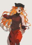  1girl bodysuit eyepatch fadingz highres jacket neon_genesis_evangelion open_mouth orange_hair pilot_suit plugsuit rebuild_of_evangelion red_bodysuit red_jacket shadow solo souryuu_asuka_langley teeth tongue 