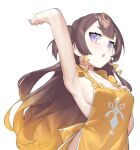  1girl anya_melfissa apron arm_up armpits blonde_hair breasts brown_hair dasdokter gradient_hair highres hololive hololive_indonesia long_hair looking_at_viewer medium_breasts multicolored_hair naked_apron open_mouth purple_eyes simple_background solo upper_body virtual_youtuber white_background yellow_apron 