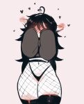  blush covering_face fishnets highres long_hair long_sleeves mistysnugglebug panties pointy_ears sweater thick_thighs thighhighs thighs underwear 
