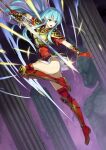  1girl absurdres aqua_hair armor ass blue_eyes boots breastplate cape clothes_lift column commission eirika_(fire_emblem) fighting_stance fire_emblem fire_emblem:_the_sacred_stones full_body gloves highres holding holding_sword holding_weapon leg_up long_hair looking_at_viewer looking_down miniskirt open_mouth panties pantyshot pillar red_footwear red_gloves red_thighhighs ruins short_sleeves skeb_commission skirt skirt_lift souto_(0401) statue sword thigh_boots thighhighs underwear upskirt v-shaped_eyebrows weapon white_panties wind wind_lift 