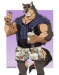  alukafurryart anthro beverage biceps bottomwear brown_body brown_fur canid canine canis clothing coffee domestic_dog eyewear fur gesture hi_res jewelry lifewonders live-a-hero looking_at_viewer male mammal muscular muscular_anthro muscular_male necklace pubraseer shirt shorts solo sunglasses tank_top topwear v_sign video_games 