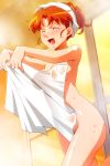  bangs blush closed_eyes cowboy_shot holding holding_towel index_finger_raised indoors mana_(super_real_mahjong) naked_towel non-web_source official_art open_mouth photoshop_(medium) red_hair standing steam super_real_mahjong tanaka_ryou towel towel_on_head updo wet 