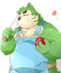  anthro apple apron apron_only blush canid canine canis clothing domestic_dog embarrassed eyebrows eyes_closed fur ginsingoo1 green_body green_fur knife lifewonders live-a-hero male mammal mokdai mostly_nude overweight solo thick_eyebrows video_games 