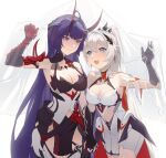  2girls armpits blue_eyes blush breasts bridal_veil cleavage dress gauntlets hetare_mizu highres holding_hands honkai_(series) honkai_impact_3rd horns implied_yuri kiana_kaslana kiana_kaslana_(herrscher_of_flamescion) large_breasts long_hair looking_at_another medium_breasts midriff midriff_peek multiple_girls open_mouth ponytail purple_eyes purple_hair raiden_mei raiden_mei_(herrscher_of_thunder) smile tiara veil white_dress white_hair yuri 