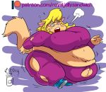  2019 4_fingers anthro belly big_belly blonde_hair blush bodily_fluids breasts breath callie_briggs clothing digital_media_(artwork) domestic_cat felid feline felis female fingers footwear fur green_eyes hair hanna-barbera hyper hyper_belly mammal morbidly_obese morbidly_obese_anthro morbidly_obese_female obese obese_anthro obese_female one_eye_closed overweight overweight_anthro overweight_female pink_inner_ear royaljellysandwich shoes swat_kats sweat tan_body tan_fur torn_clothing walking 