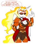  anthro anthrofied armor breasts brown_sclera cleavage clothed clothing daybreaker_(mlp) dialogue english_text equid equine fangs female fire flaming_hair flaming_tail friendship_is_magic fur hasbro headpiece horn mammal my_little_pony orange_eyeshadow pseudo_hair pupils redxbacon simple_background slit_pupils solo text white_background white_body white_fur winged_unicorn wings yellow_eyes 