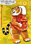  2019 4_toes anthro asian_clothing belly breasts chinese_clothing chubby_cheeks claws clothing dialogue digital_media_(artwork) dreamworks east_asian_clothing feet felid female fur gradient_background hi_res kung_fu_panda mammal master_tigress multicolored_body multicolored_fur obese obese_anthro obese_female orange_body orange_fur overweight overweight_anthro overweight_female pantherine patreon pose red_eyes royaljellysandwich sharp_teeth simple_background smile striped_body stripes teeth tiger toes white_body white_fur 