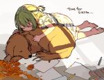  1girl alina_gray bangs boyano child closed_eyes crayon dog dress flower green_hair hair_between_eyes magia_record:_mahou_shoujo_madoka_magica_gaiden mahou_shoujo_madoka_magica paper petals short_hair short_sleeves sidelocks sleeping solo straight_hair sunlight white_dress 