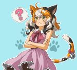  1girl ? ahoge animal_ears bell calico cat_ears cat_girl cat_tail collar crossed_arms dress fang frown green_eyes hair_between_eyes highres multicolored_hair paw_print pikat ribbon sketch sleeveless sleeveless_dress speech_bubble tail tail_bell tail_ornament white_collar 
