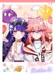  balloon breasts dango drawn_ears drawn_whiskers eyewear_on_head food genshin_impact glasses hair_between_eyes highres hood jacket kuma_yum24 long_hair non-web_source pink_hair purple_eyes purple_hair raiden_shogun slime_(genshin_impact) small_breasts sunglasses wagashi yae_miko 