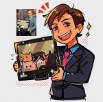  1boy :d better_call_saul breaking_bad briefcase brown_hair cat formal highres holding holding_briefcase huyandere kitten male_focus open_mouth photo-referenced photo_inset red_tie reference_inset saul_goodman smile solo sparkle suit white_background 