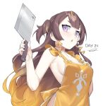  1girl anya_melfissa apron blonde_hair breasts brown_hair dasdokter gradient_hair highres holding holding_knife hololive hololive_indonesia knife long_hair looking_at_viewer medium_breasts multicolored_hair naked_apron open_mouth purple_eyes simple_background solo upper_body virtual_youtuber white_background yellow_apron 